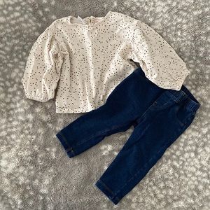 Zara balloon sleeve top size 9-12 months. Cat and Jack jeans size 12 months.